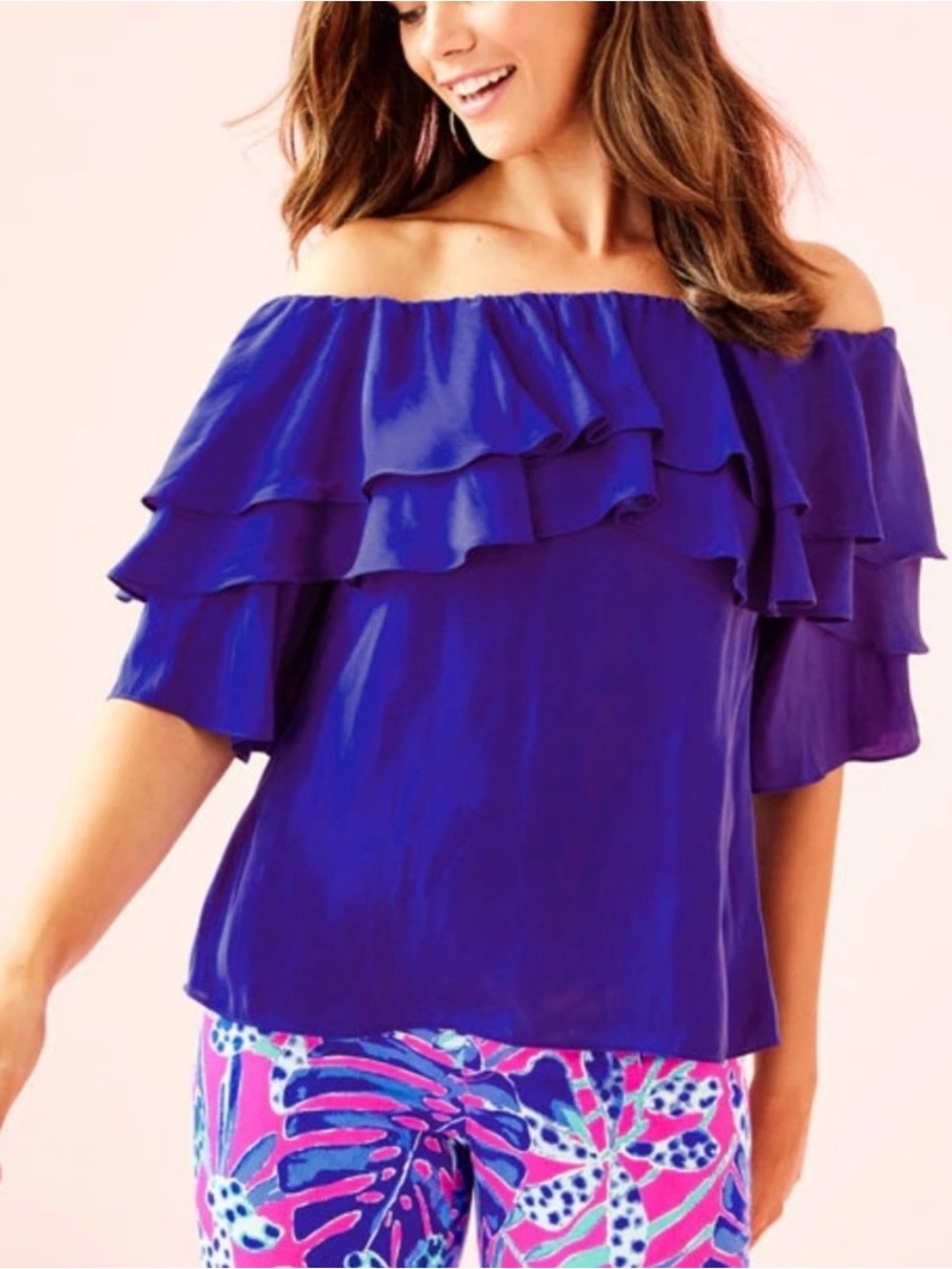 Lilly Pulitzer Haylee XL Off-Shoulder Ruffle Women’s Top in Royal Blue/Purple